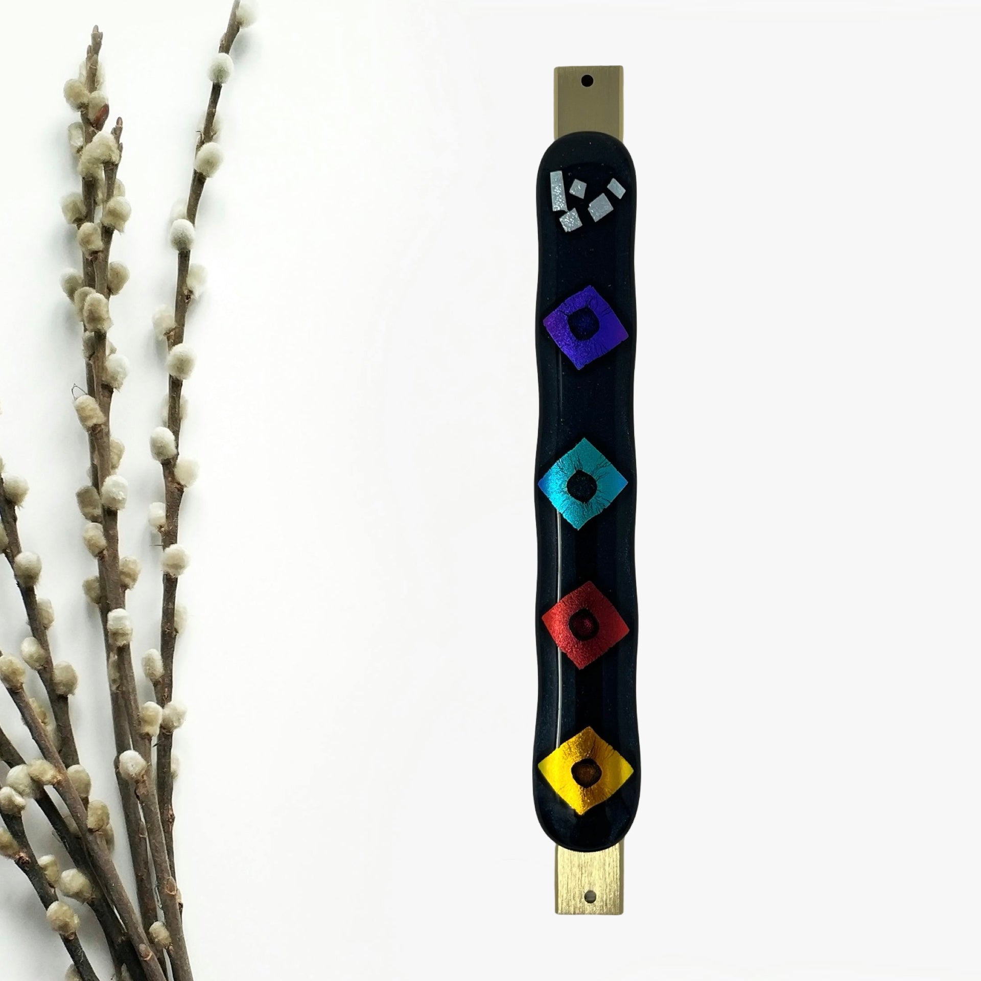 Aventurine Blue Mezuzah Case, Diamond Multi Color 6.8” - Y.A. Fused Glass -