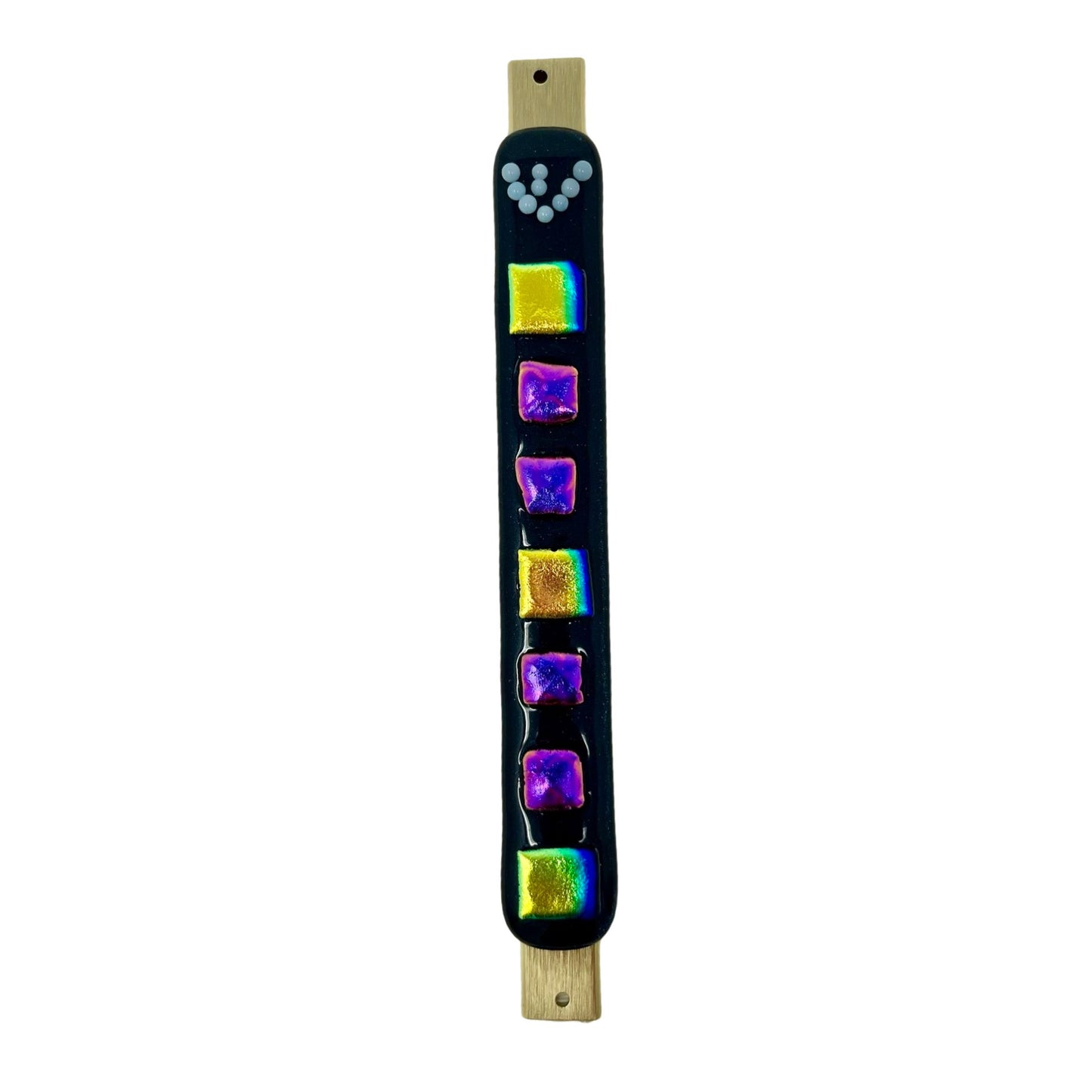 Aventurine Blue Mezuzah Case, Gold and Purple Squares 6.8” - Y.A. Fused Glass -