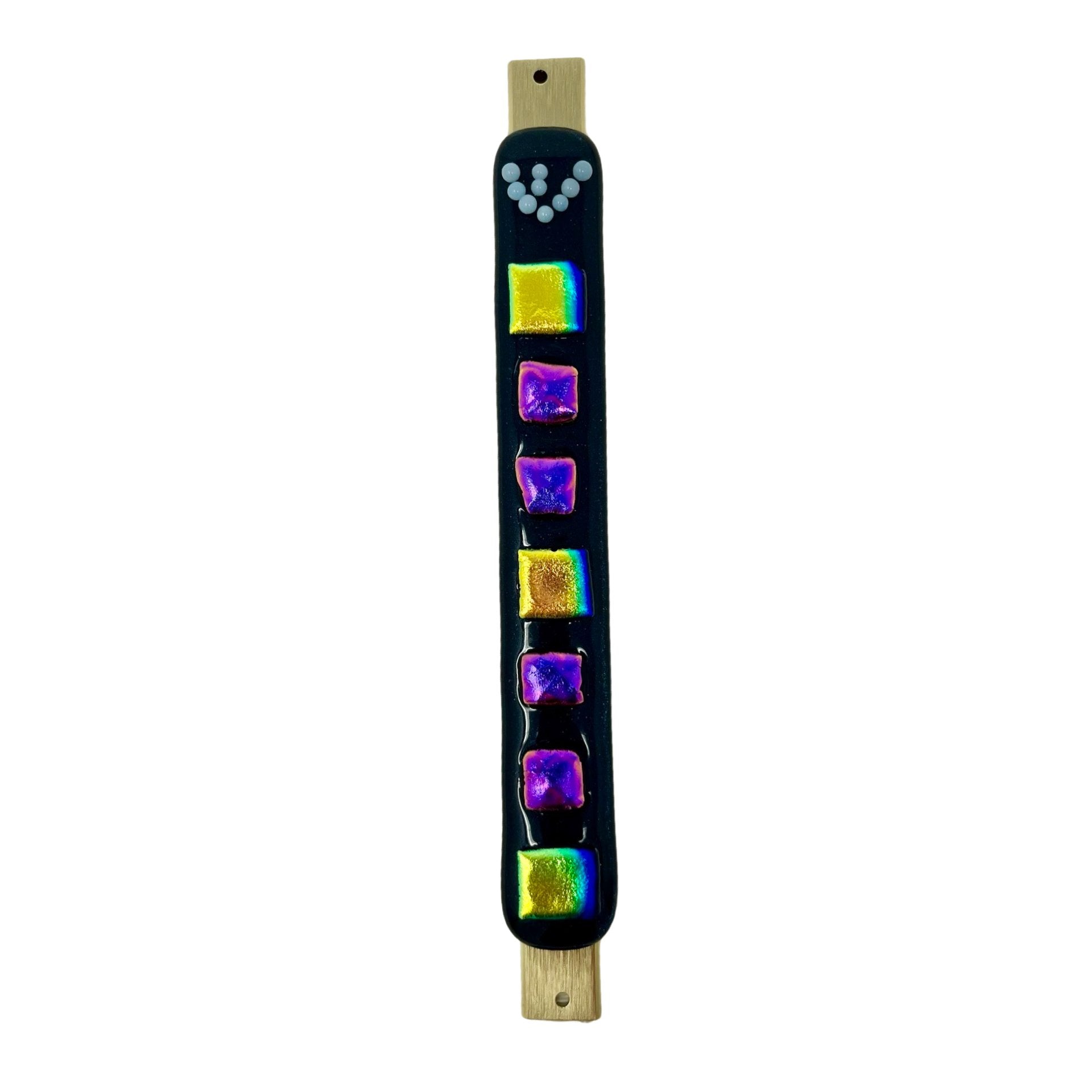 Aventurine Blue Mezuzah Case, Gold and Purple Squares 6.8” - Y.A. Fused Glass -
