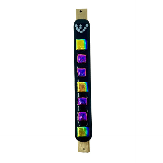 Aventurine Blue Mezuzah Case, Gold and Purple Squares 6.8” - Y.A. Fused Glass -