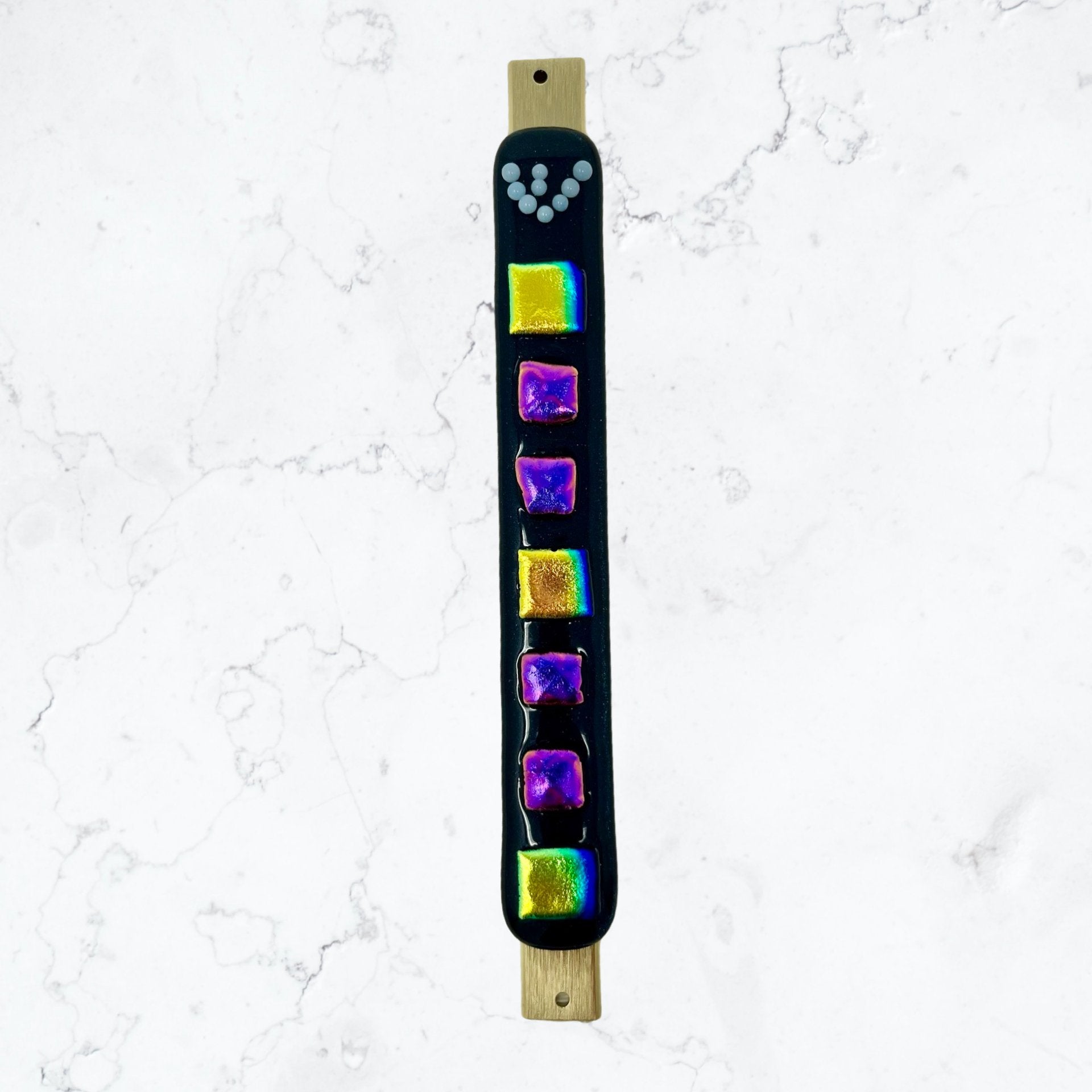 Aventurine Blue Mezuzah Case, Gold and Purple Squares 6.8” - Y.A. Fused Glass -