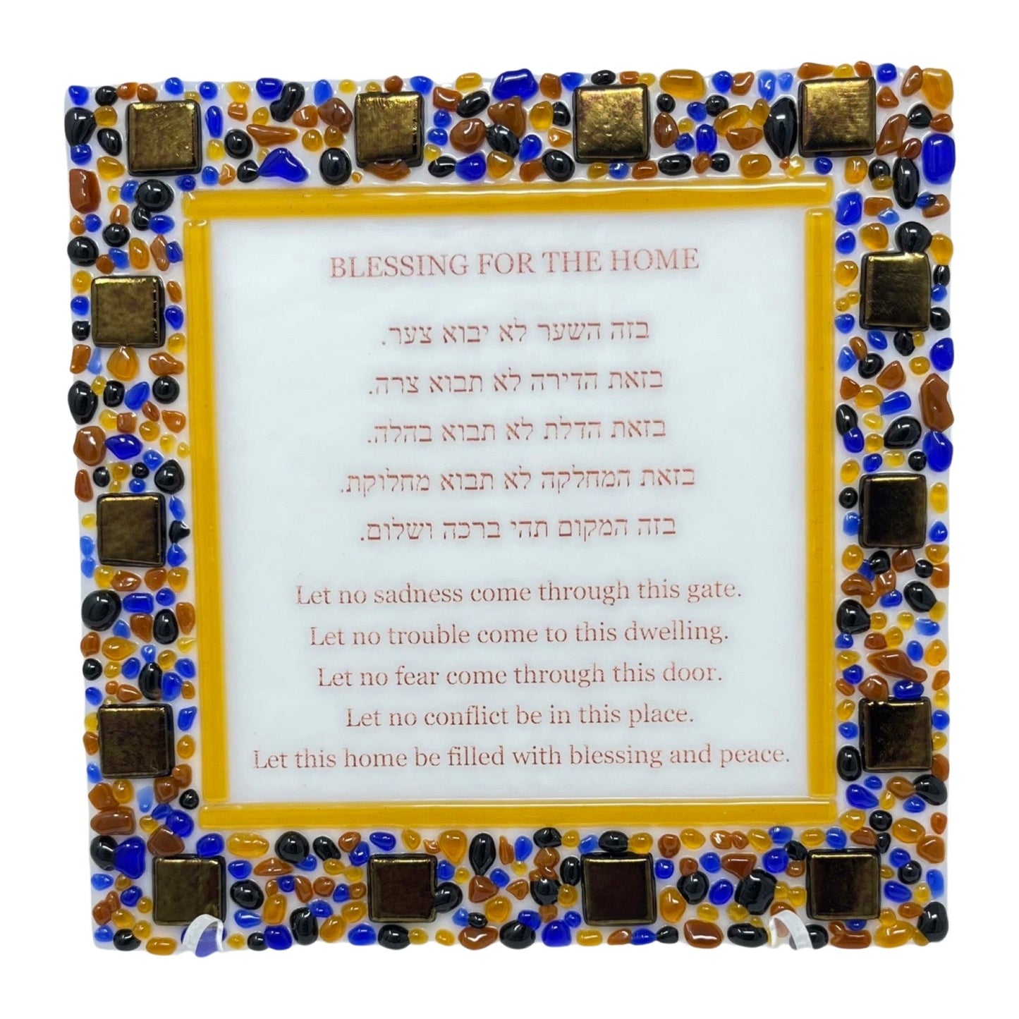 Blue and Gold Squares Blessing Plaque - Y.A. Fused Glass -