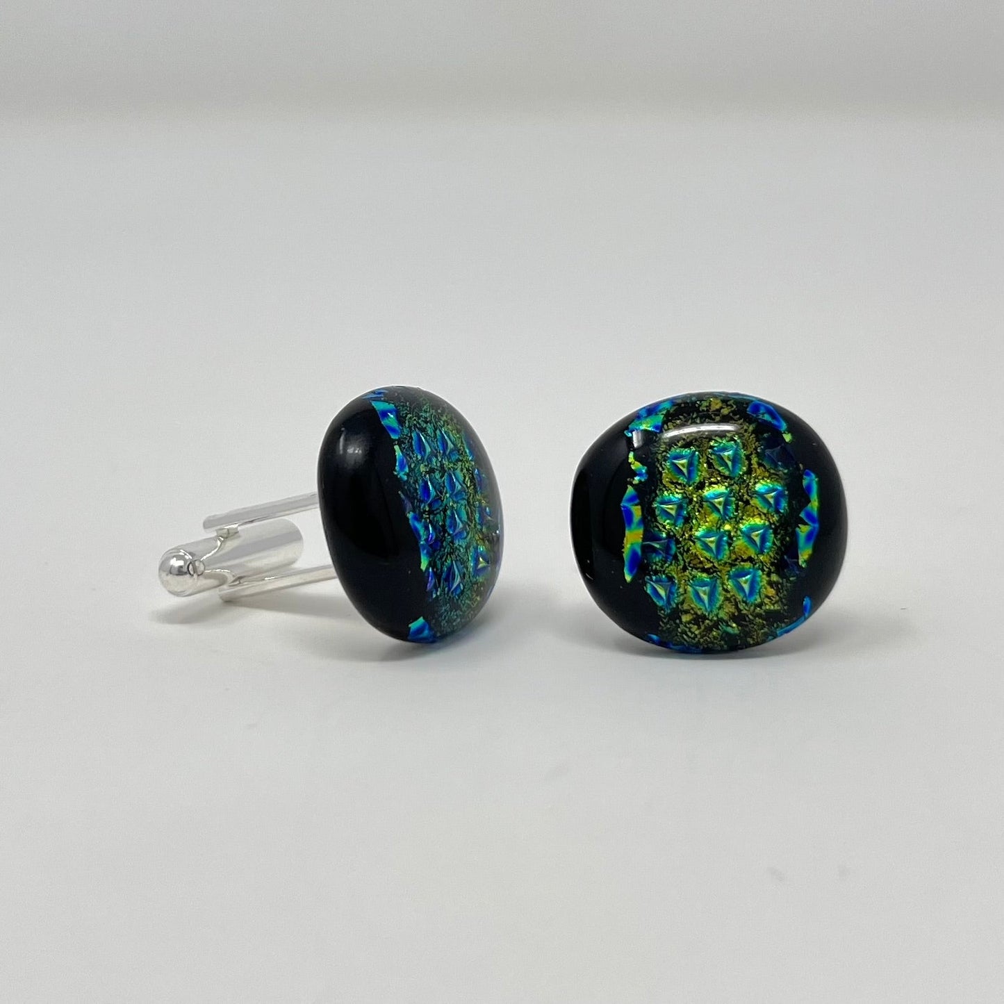 Gold and Blue Triangles Cufflinks, with Black Stripes - Y.A. Fused Glass -