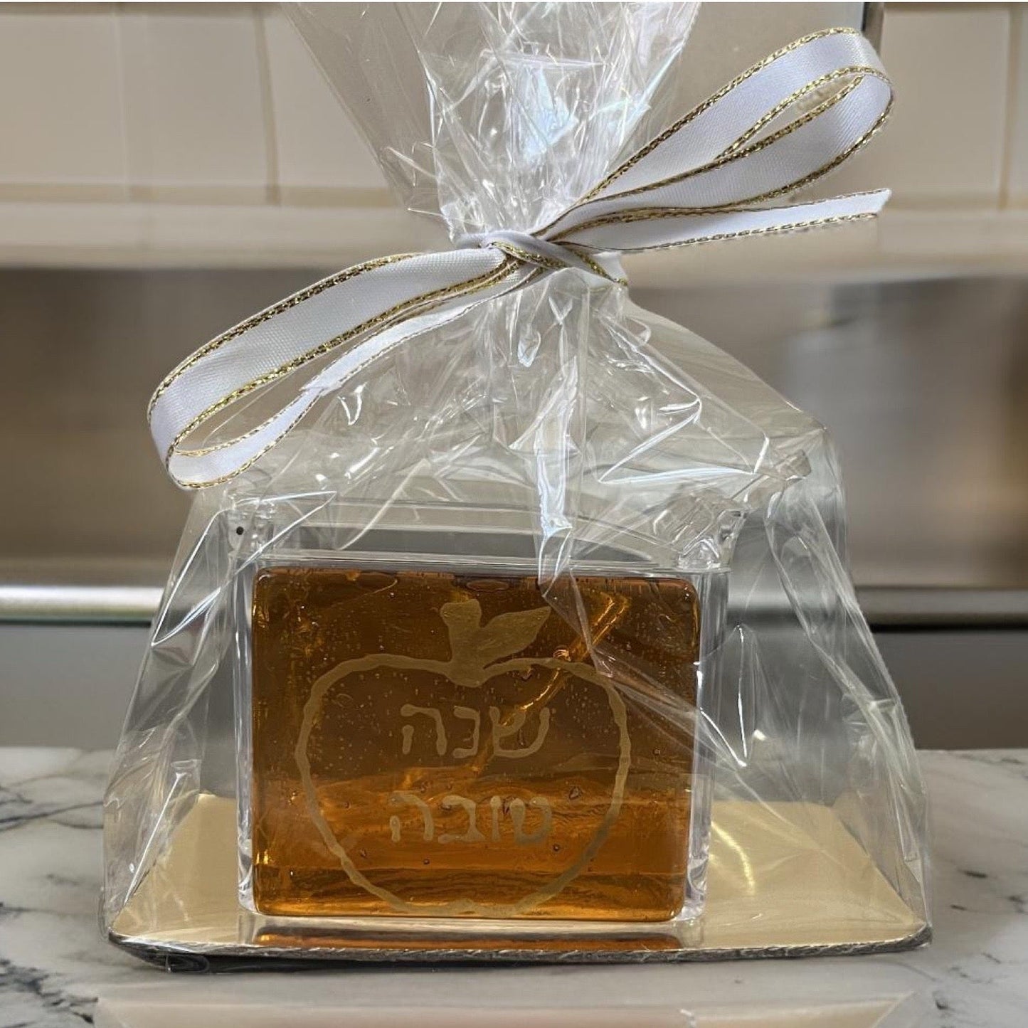 Golden Apple Honey Dish Rosh Hashanah - Y.A. Fused Glass -