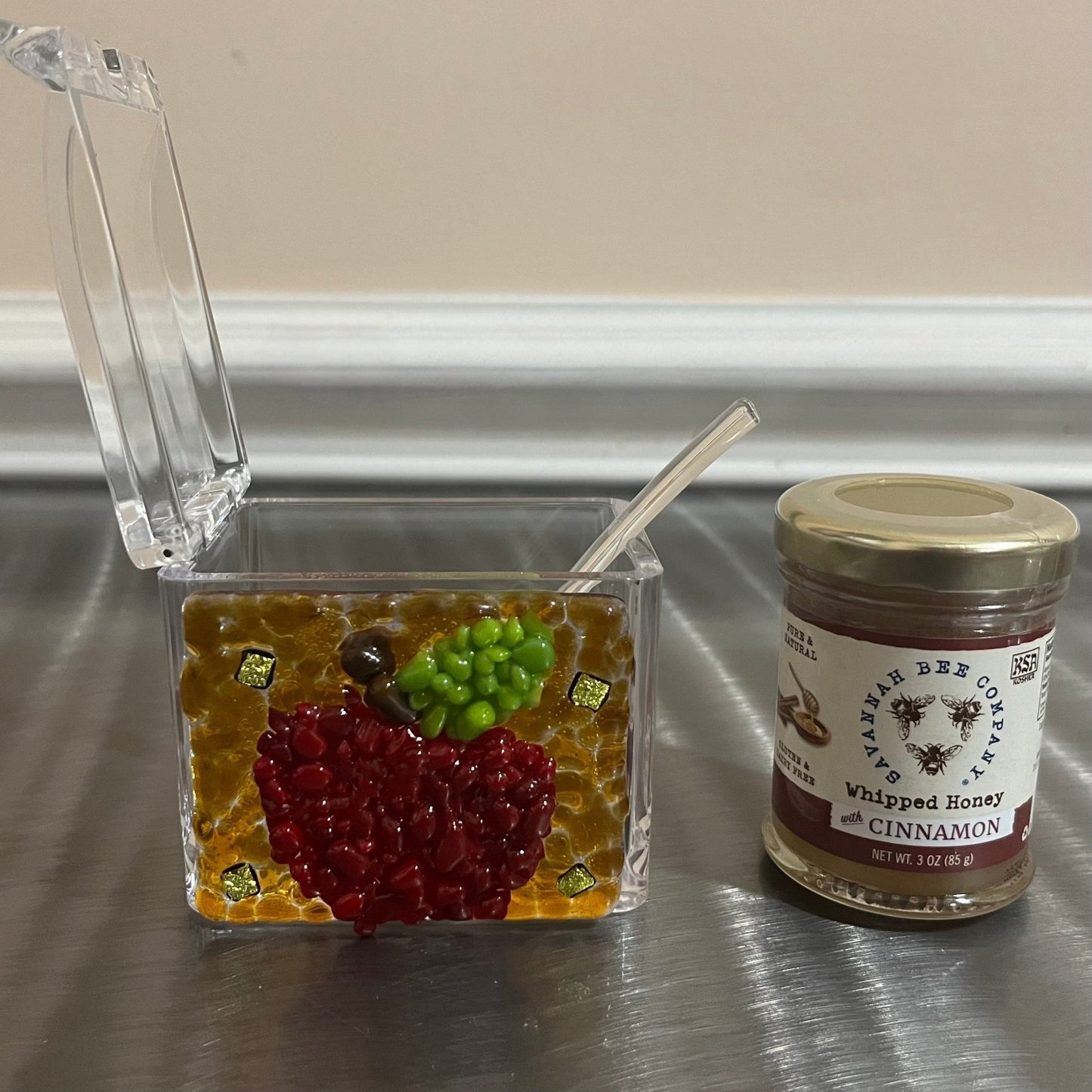 Rosh Hashanah Honey Dish Gift Set, Glimmering Apple - Y.A. Fused Glass -