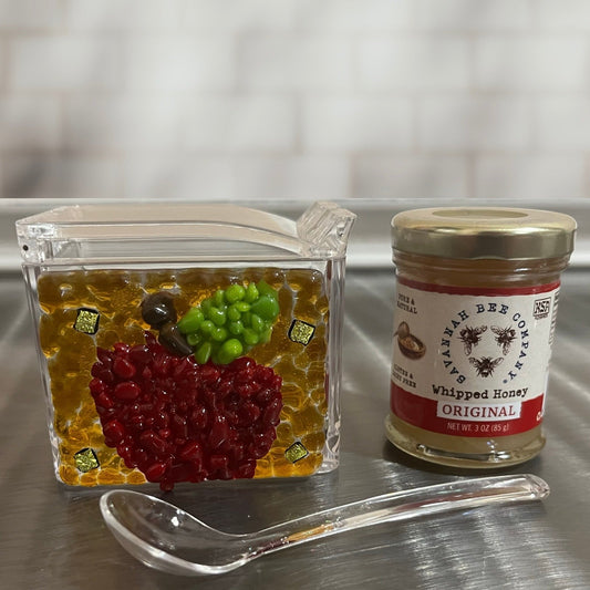 Rosh Hashanah Honey Dish Gift Set, Glimmering Apple - Y.A. Fused Glass -