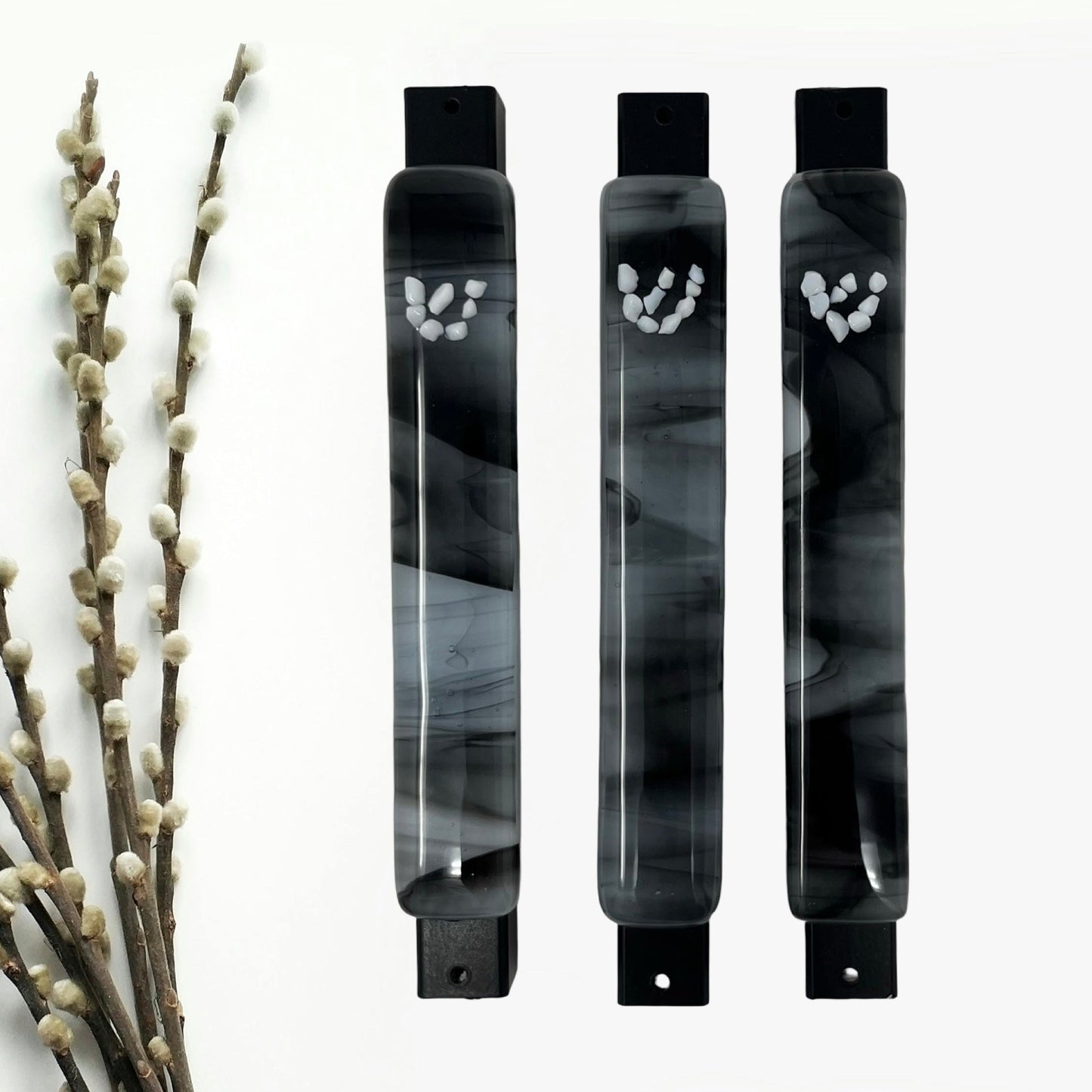 White Shin Black & White Swirl Mezuzah Case 5.5” - Y.A. Fused Glass -