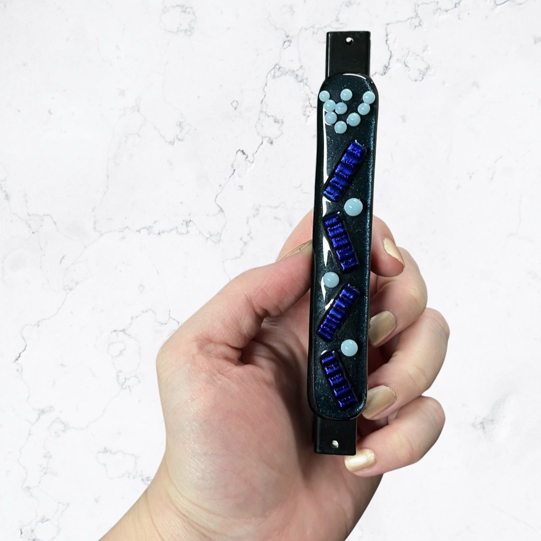 Aventurine Blue Mezuzah Case, Accordion Design 5.5” - Y.A. Fused Glass -