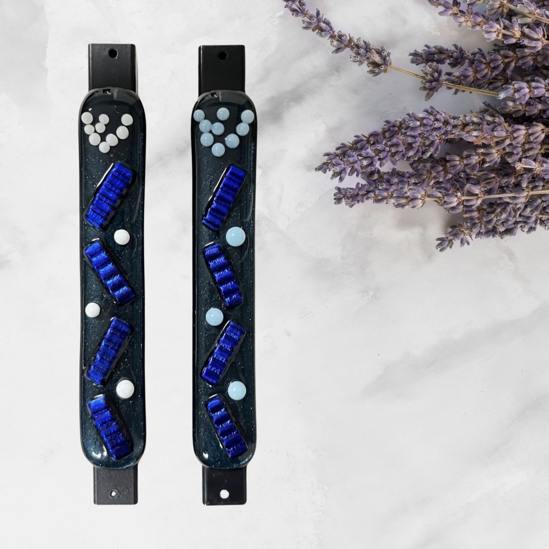 Aventurine Blue Mezuzah Case, Accordion Design 5.5” - Y.A. Fused Glass -
