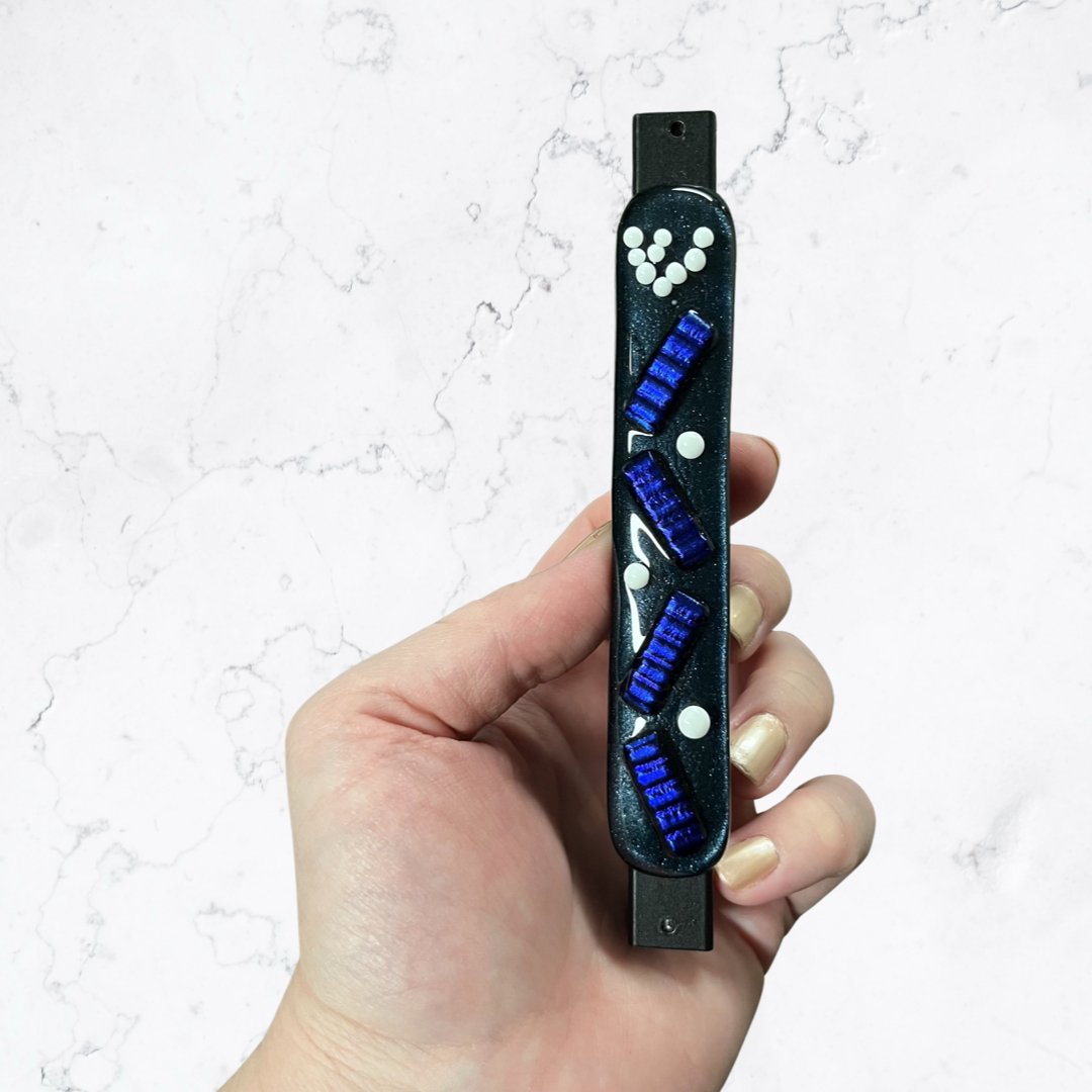 Aventurine Blue Mezuzah Case, Accordion Design 5.5” - Y.A. Fused Glass -
