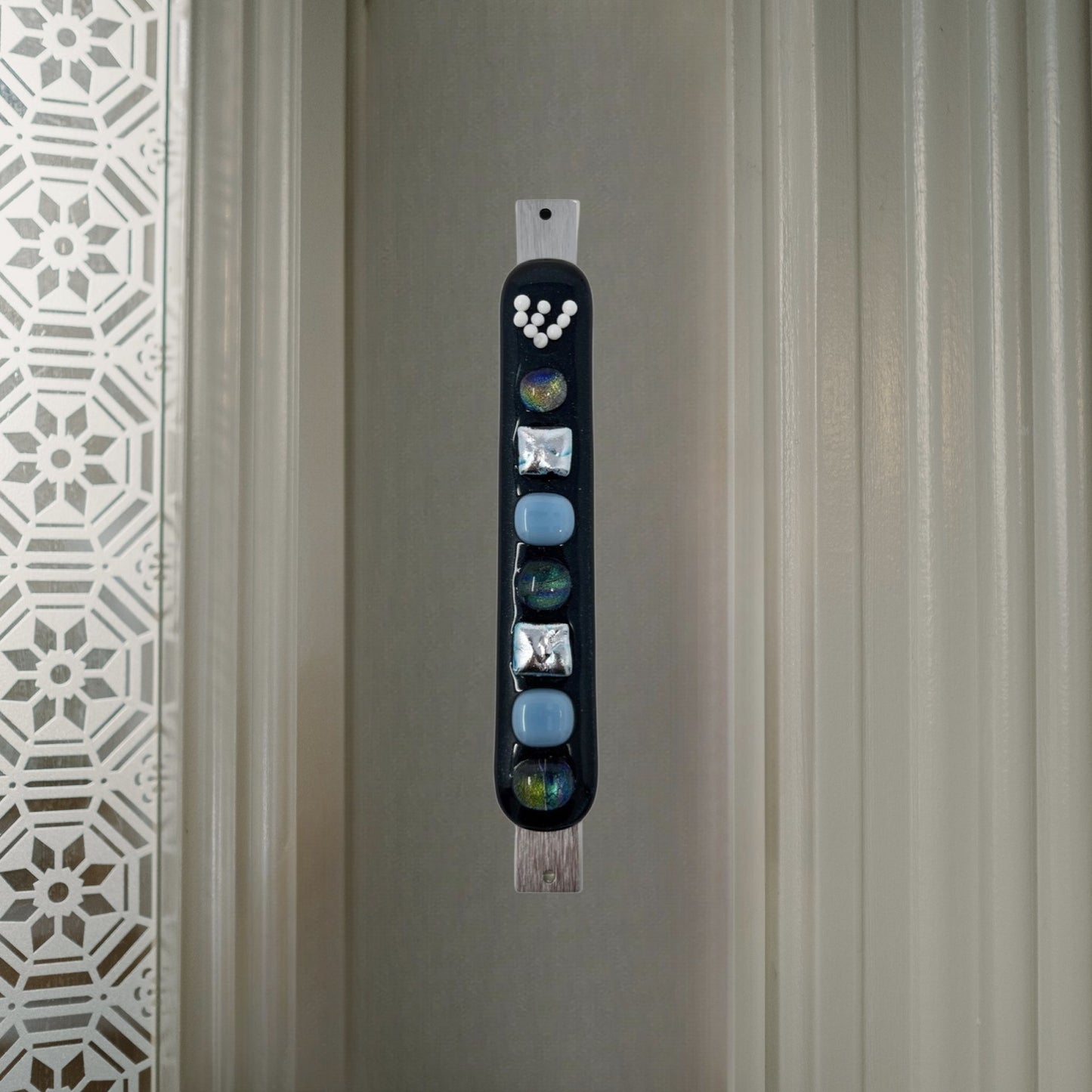 Aventurine Blue Mezuzah Case, Multi Color 5.5” - Y.A. Fused Glass -
