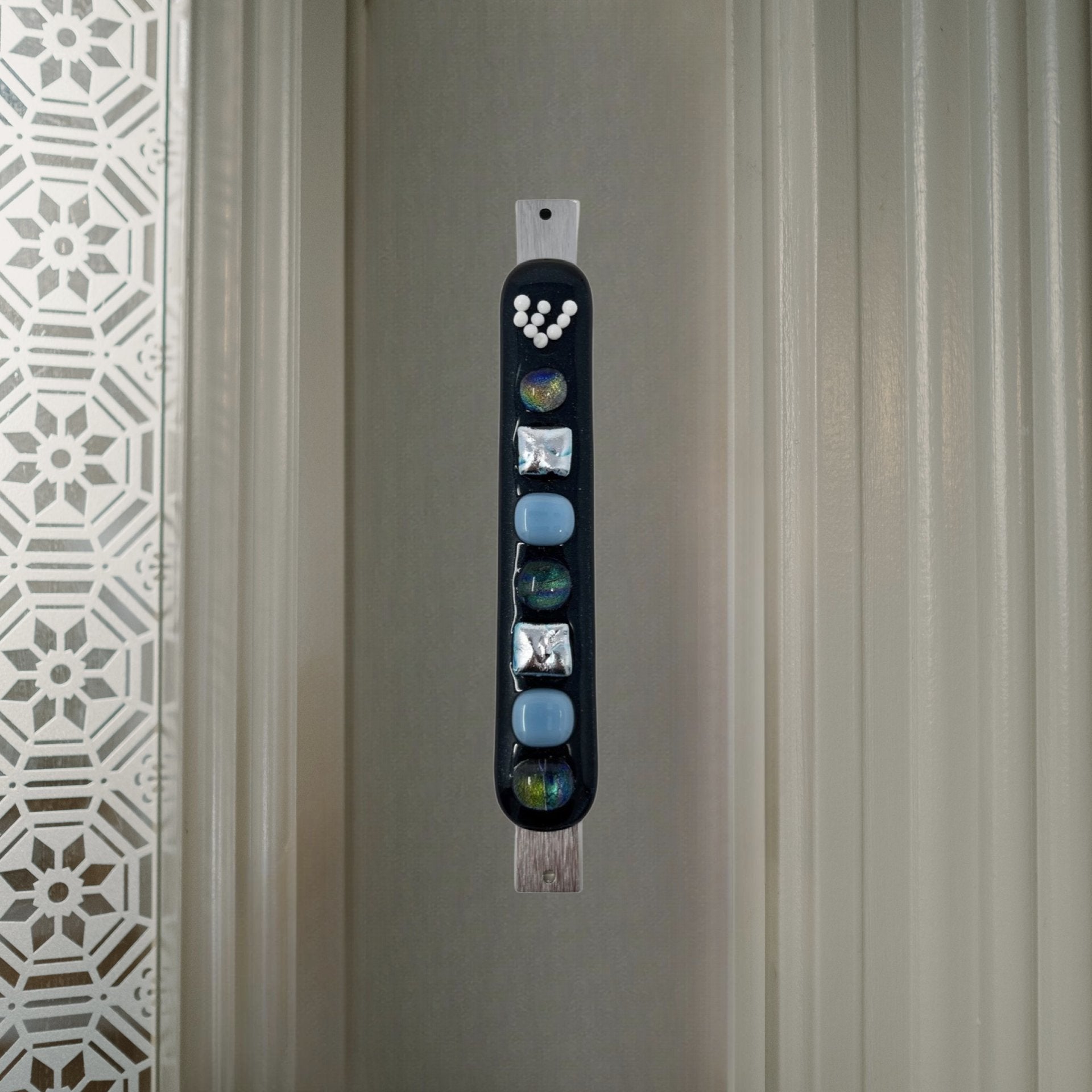 Aventurine Blue Mezuzah Case, Multi Color 5.5” - Y.A. Fused Glass -