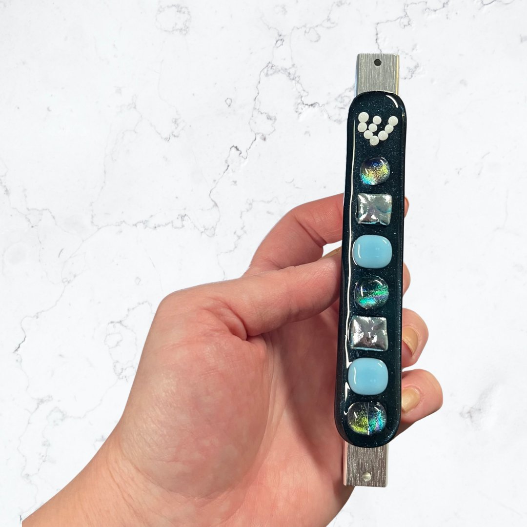 Aventurine Blue Mezuzah Case, Multi Color 5.5” - Y.A. Fused Glass -