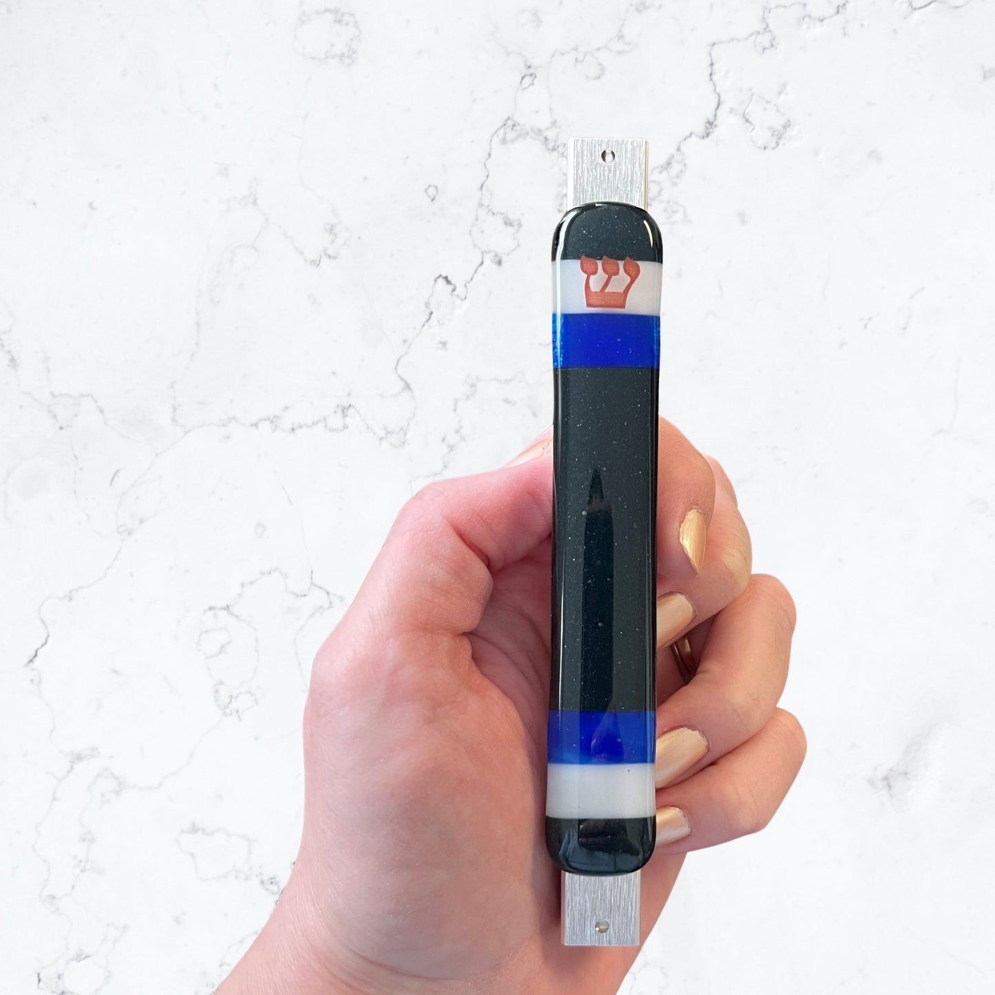 Aventurine Blue with White & Blue Stripes Mezuzah Case 5.5” - Y.A. Fused Glass -