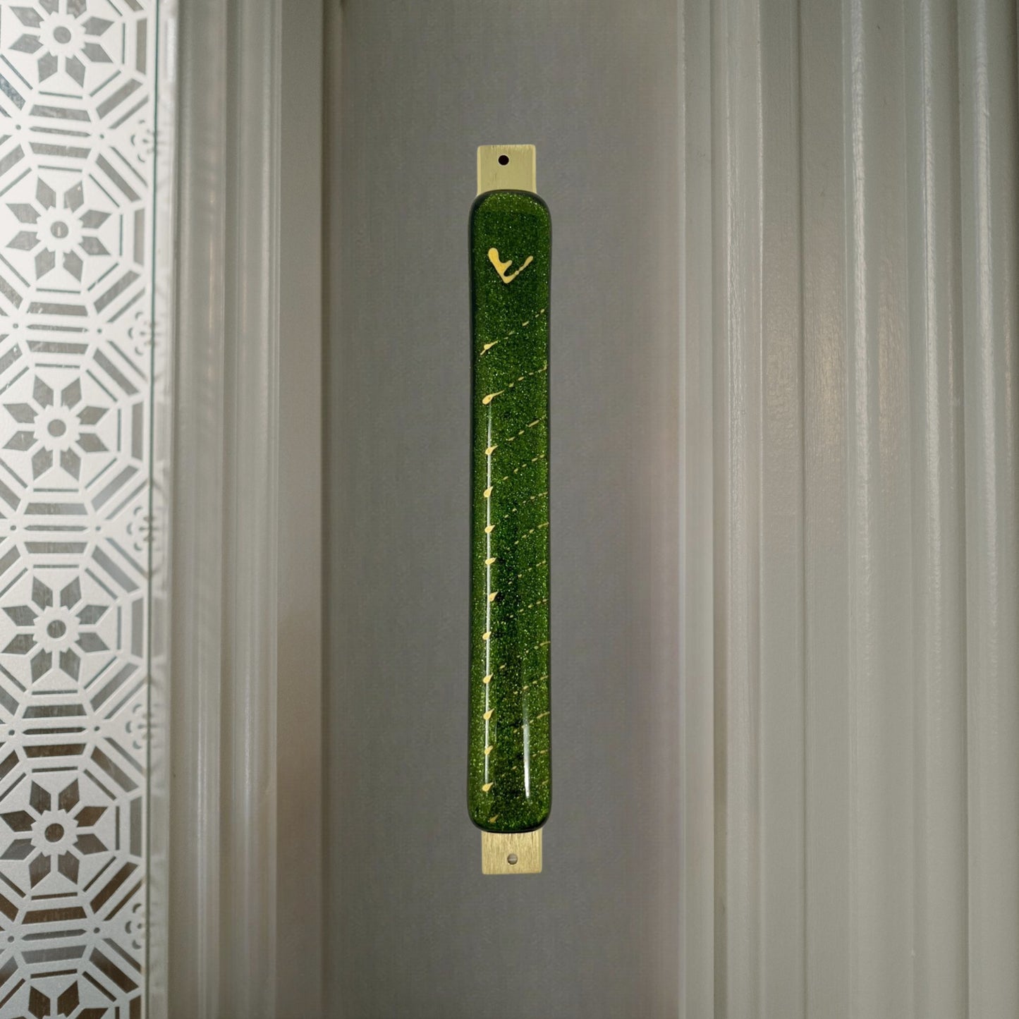 Aventurine Green Mezuzah Case, Dotted Gold 6.8” - Y.A. Fused Glass -