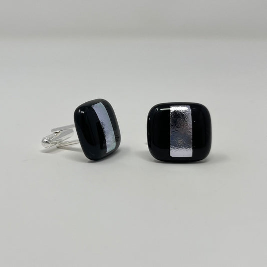 Black with Silver Stripe Cufflinks - Y.A. Fused Glass -