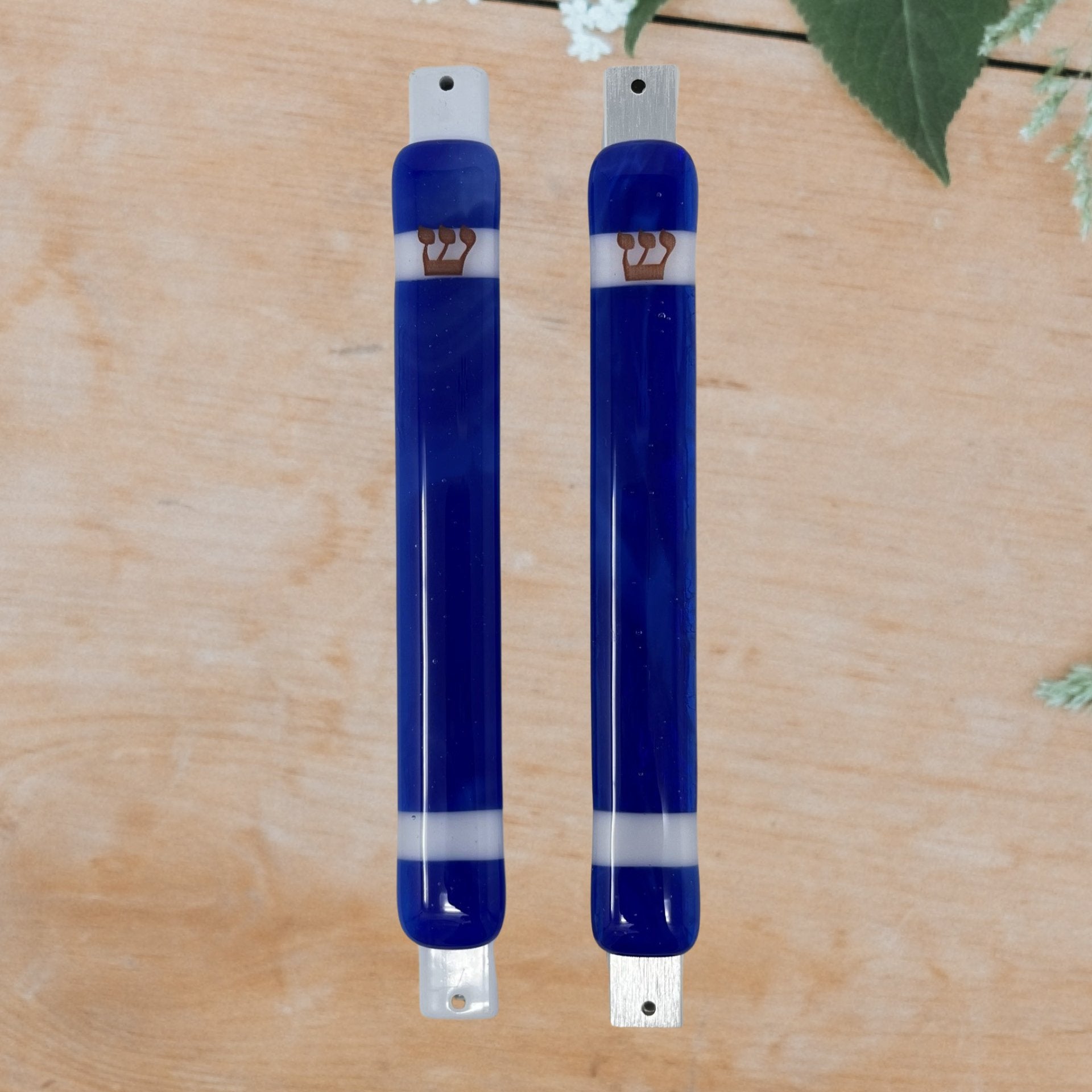 Caribbean Blue Mezuzah Case, with White Stripes 6.8” - Y.A. Fused Glass -