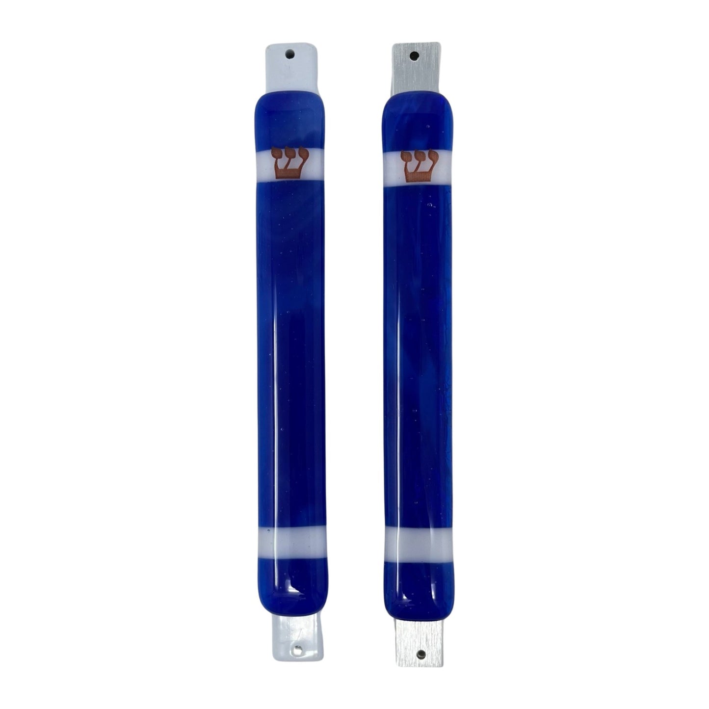 Caribbean Blue Mezuzah Case, with White Stripes 6.8” - Y.A. Fused Glass -