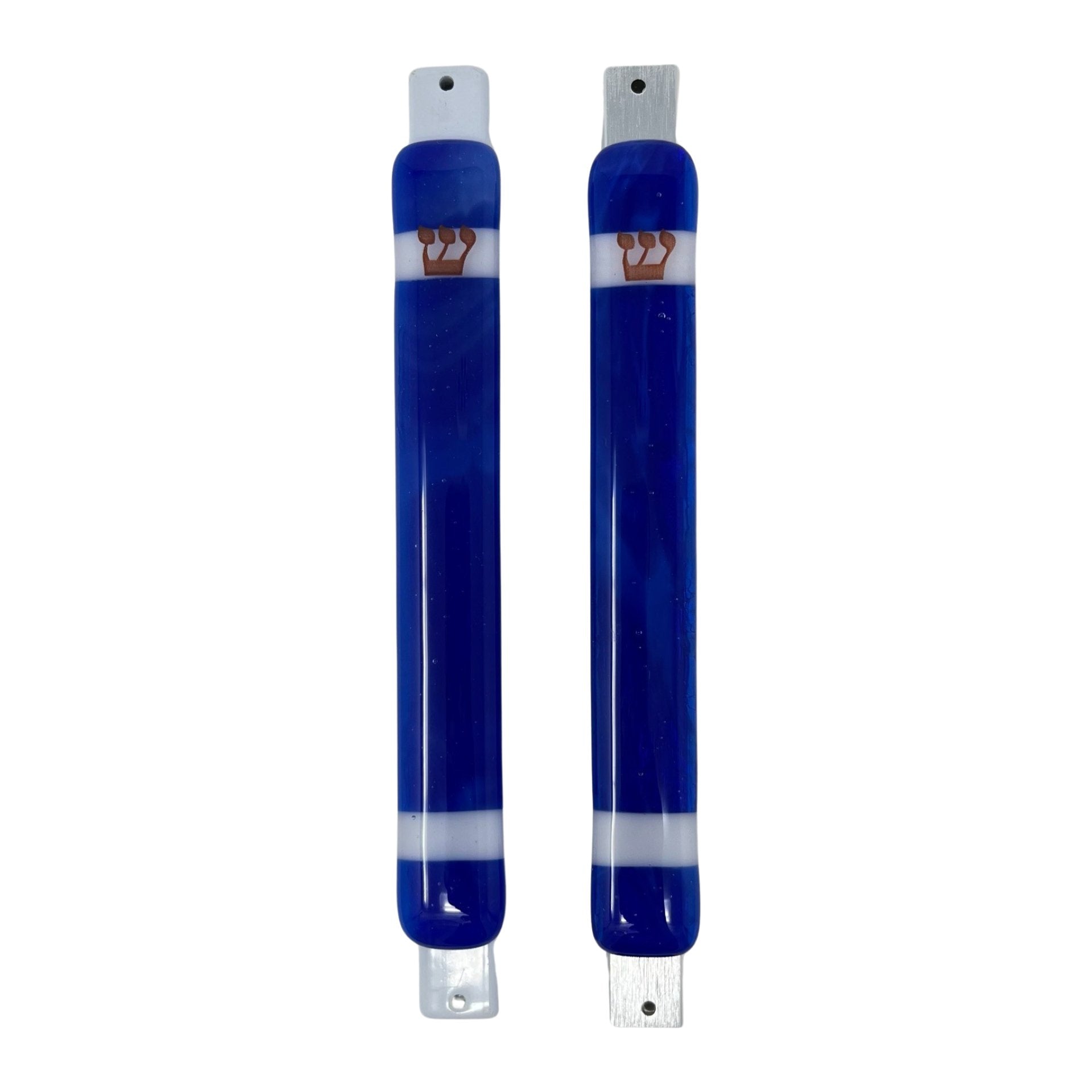 Caribbean Blue Mezuzah Case, with White Stripes 6.8” - Y.A. Fused Glass -