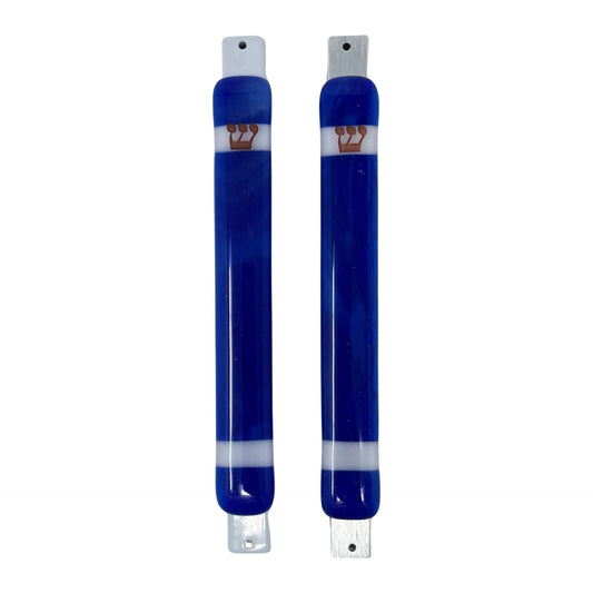 Caribbean Blue Mezuzah Case, with White Stripes 6.8” - Y.A. Fused Glass -