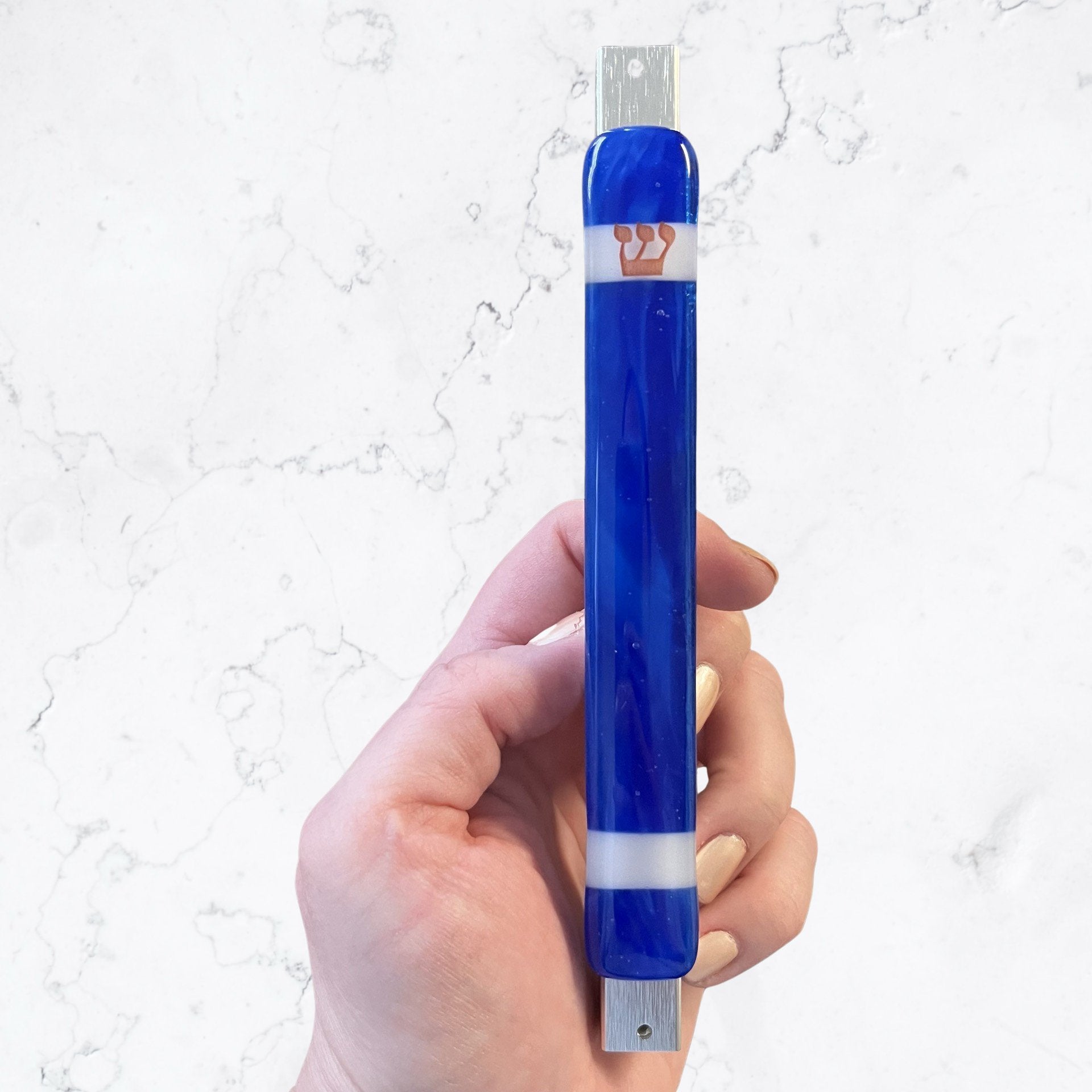 Caribbean Blue Mezuzah Case, with White Stripes 6.8” - Y.A. Fused Glass -