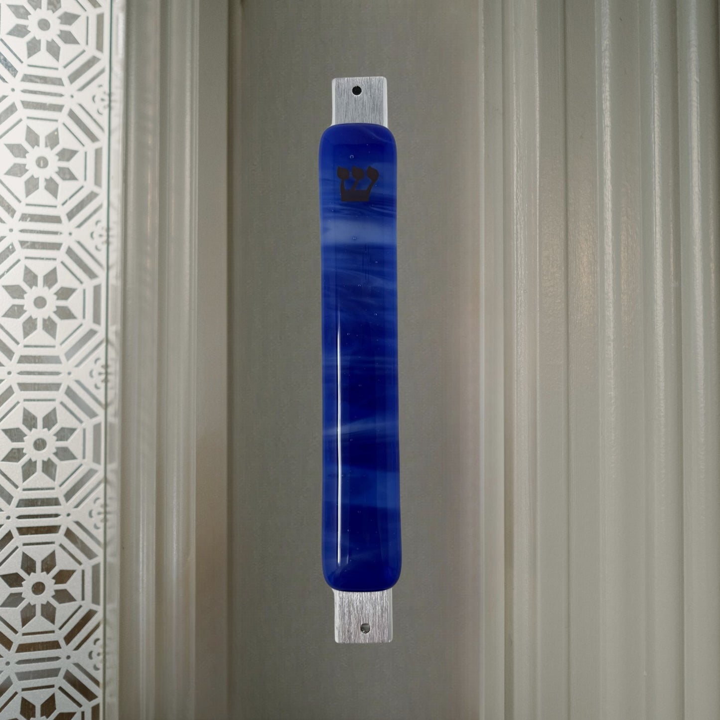 Caribbean Blue & White Swirl Mezuzah Case, 5.5” - Y.A. Fused Glass -