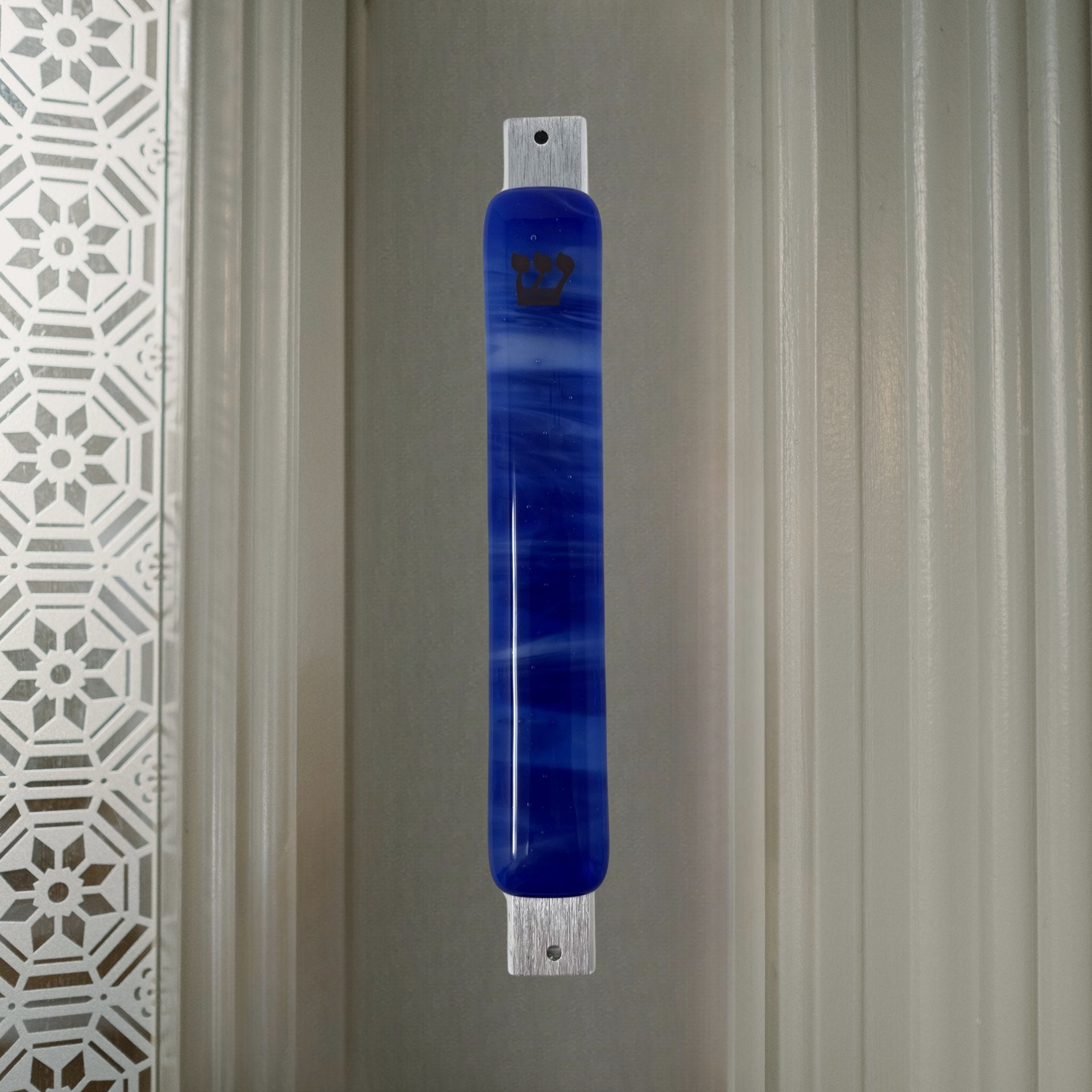 Caribbean Blue & White Swirl Mezuzah Case, 5.5” - Y.A. Fused Glass -