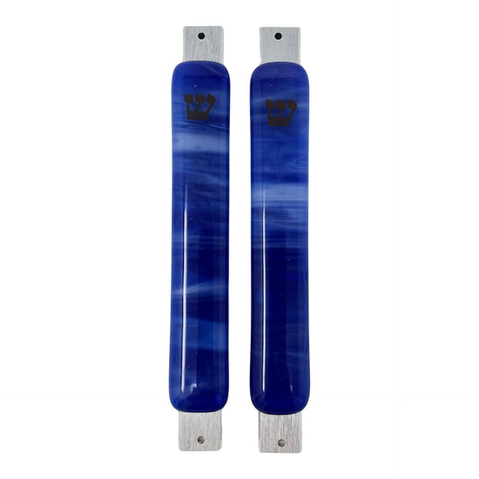 Caribbean Blue & White Swirl Mezuzah Case, 5.5” - Y.A. Fused Glass -