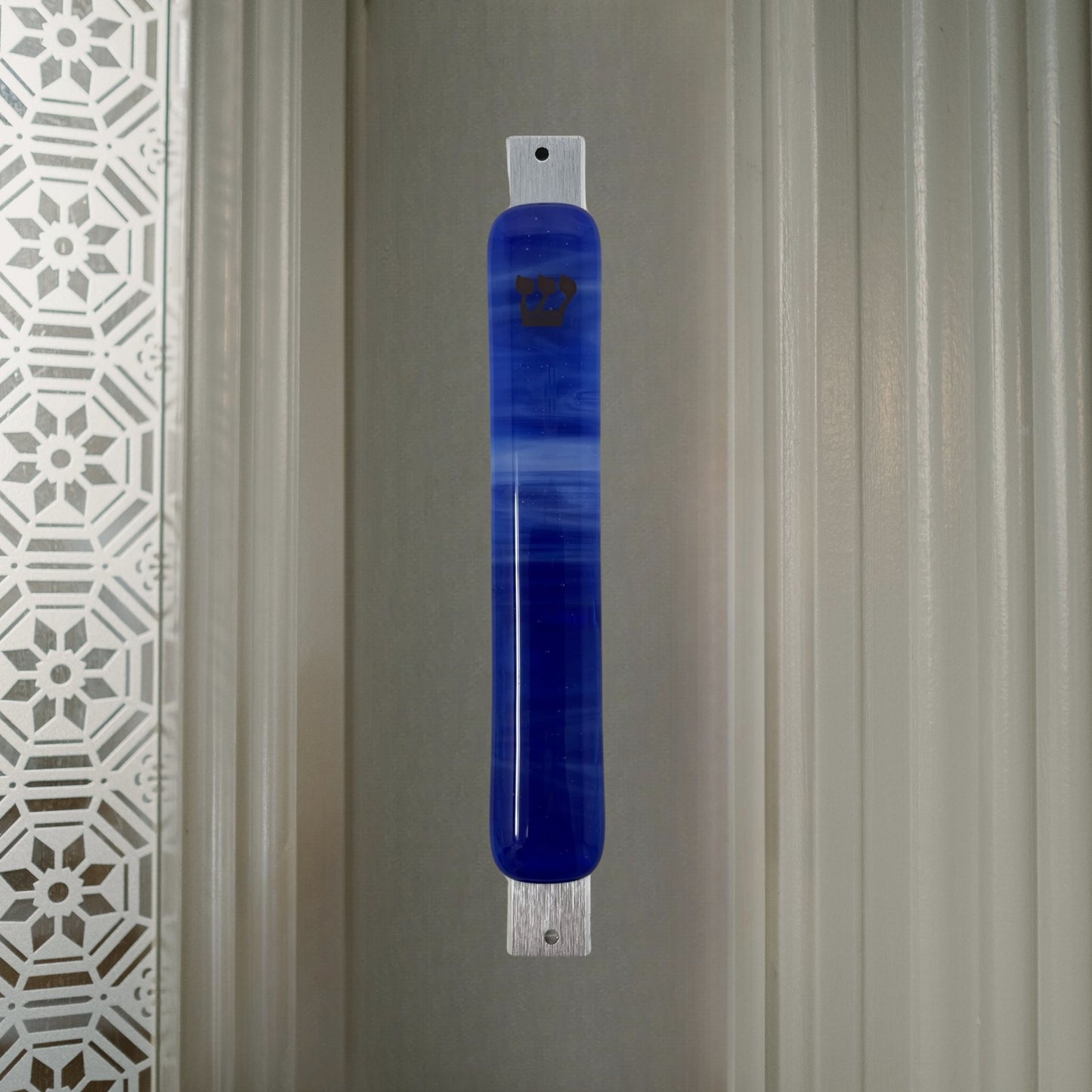 Caribbean Blue & White Swirl Mezuzah Case, 5.5” - Y.A. Fused Glass -