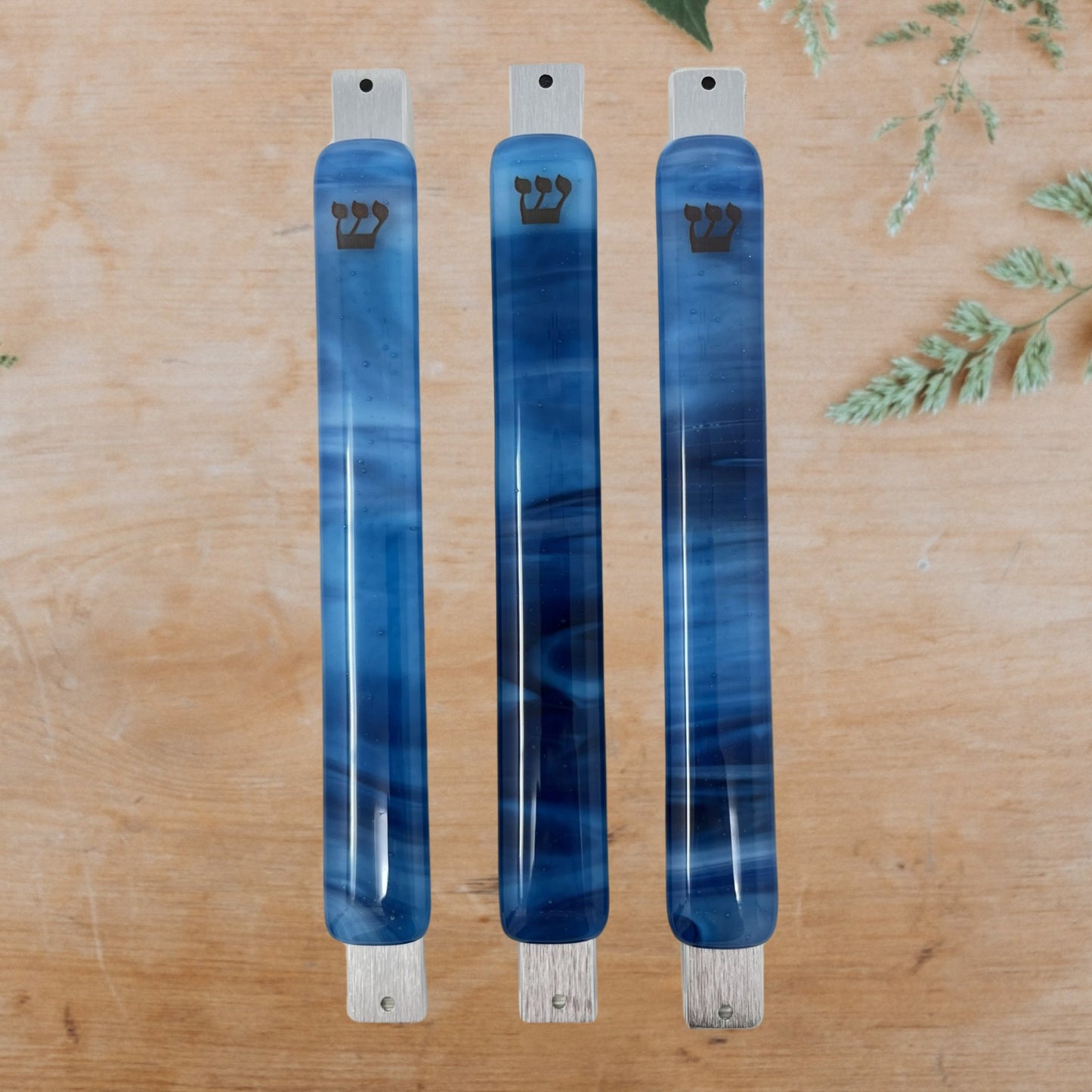 Copper Blue & White Swirl Mezuzah Case 6.8” - Y.A. Fused Glass -