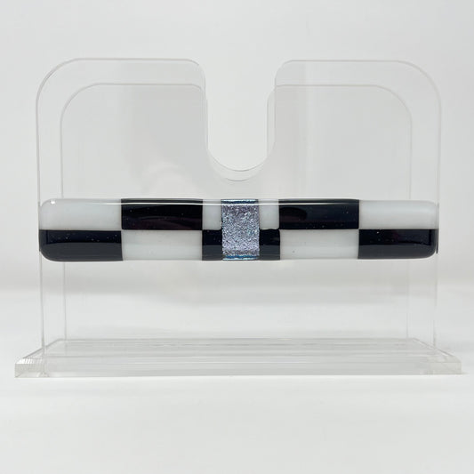 Black and White Checkered Napkin Holder, Silver Stripe