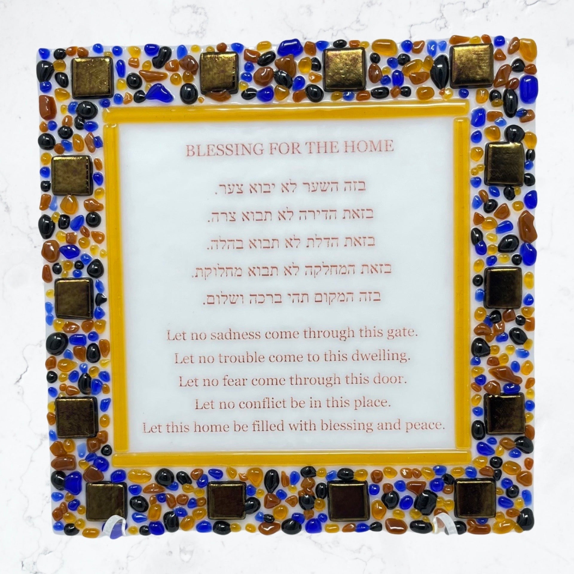 Blue and Gold Squares Blessing Plaque - Y.A. Fused Glass - 