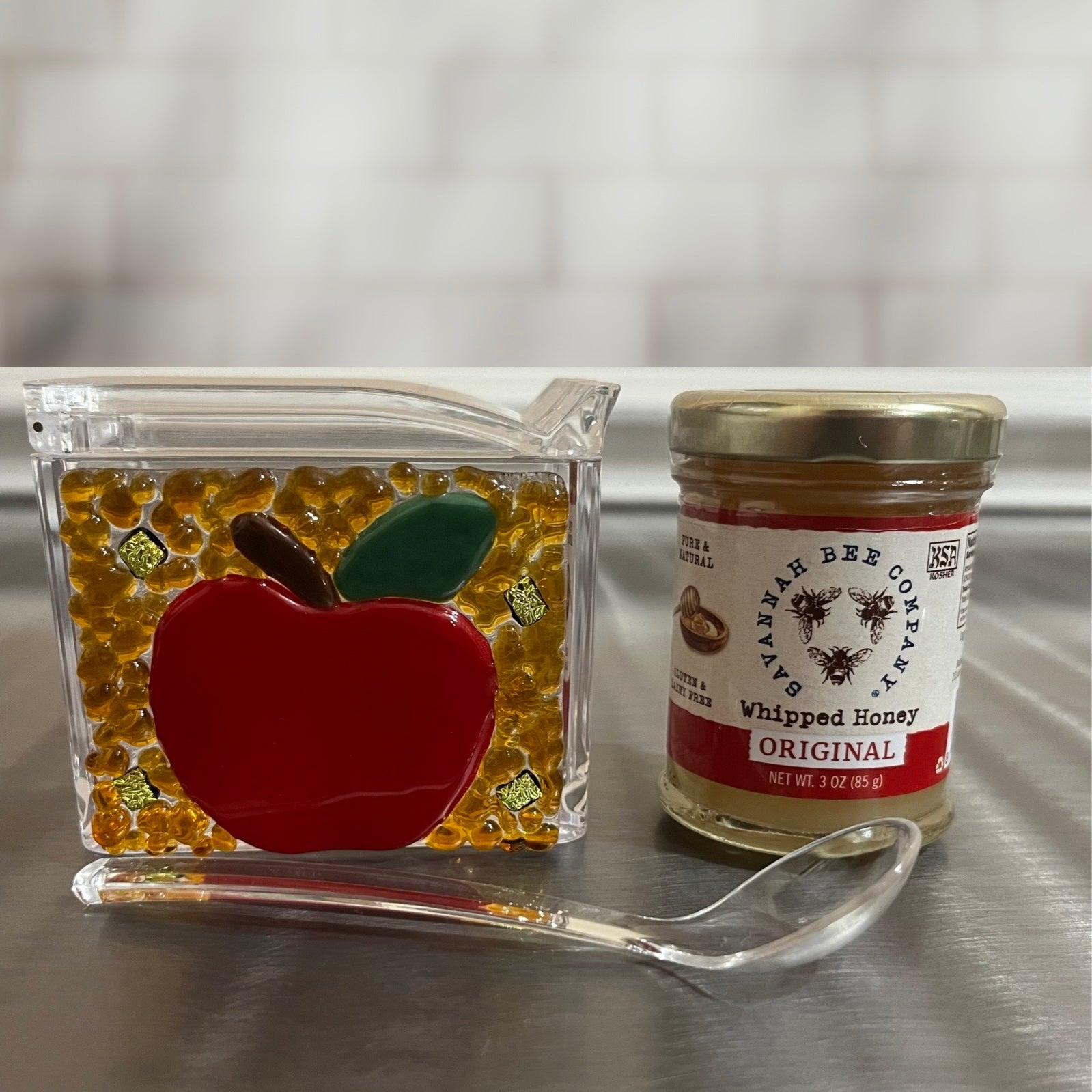 Rosh Hashanah Honey Dish Gift Set, Radiant Apple - Y.A. Fused Glass -
