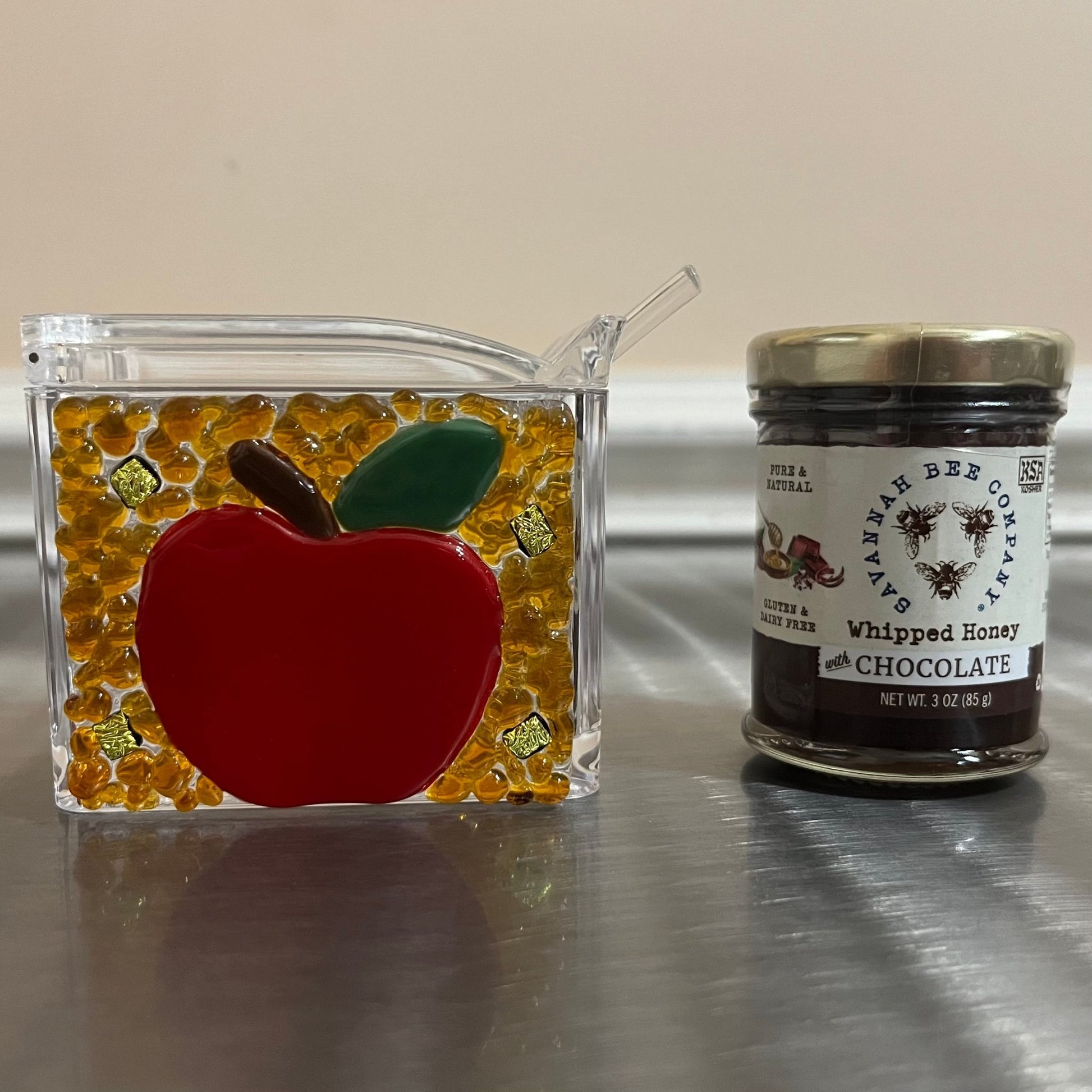 Rosh Hashanah Honey Dish Gift Set, Radiant Apple - Y.A. Fused Glass -