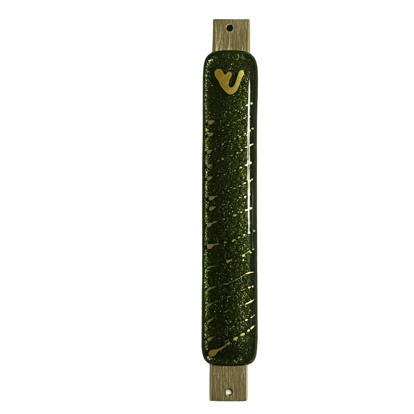 Sparkling Green Mezuzah Case with Speckled Gold Design 5.5” - Y.A. Fused Glass - Mezuzah case