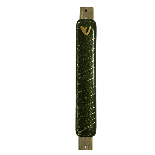 Sparkling Green Mezuzah Case with Speckled Gold Design 5.5” - Y.A. Fused Glass - Mezuzah case