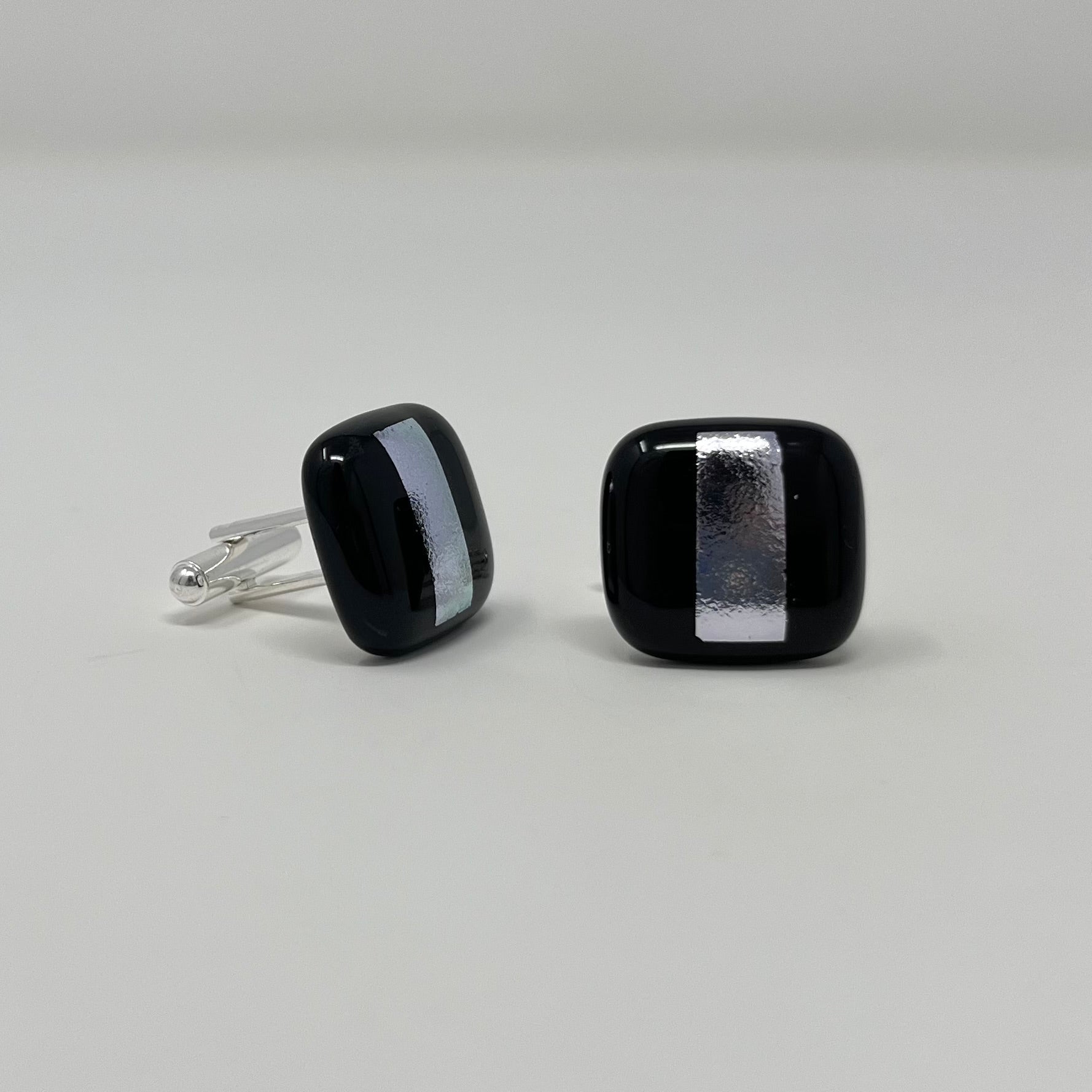 Black with Silver Stripe Cufflinks - Y.A. Fused Glass -