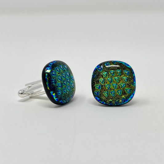 Gold and Blue Triangles Cufflinks - Y.A. Fused Glass -