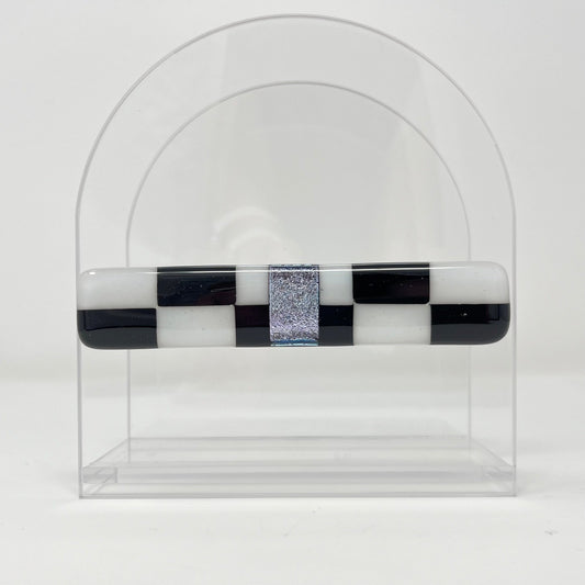 Rounded Black and White Checkered Napkin Holder, Silver Stripe - Y.A. Fused Glass -